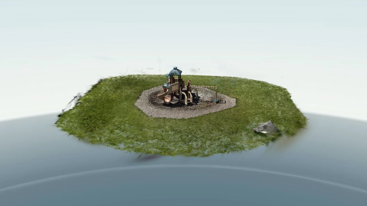 Aerial visual digital twin preview of a playground and surrounding properties.
